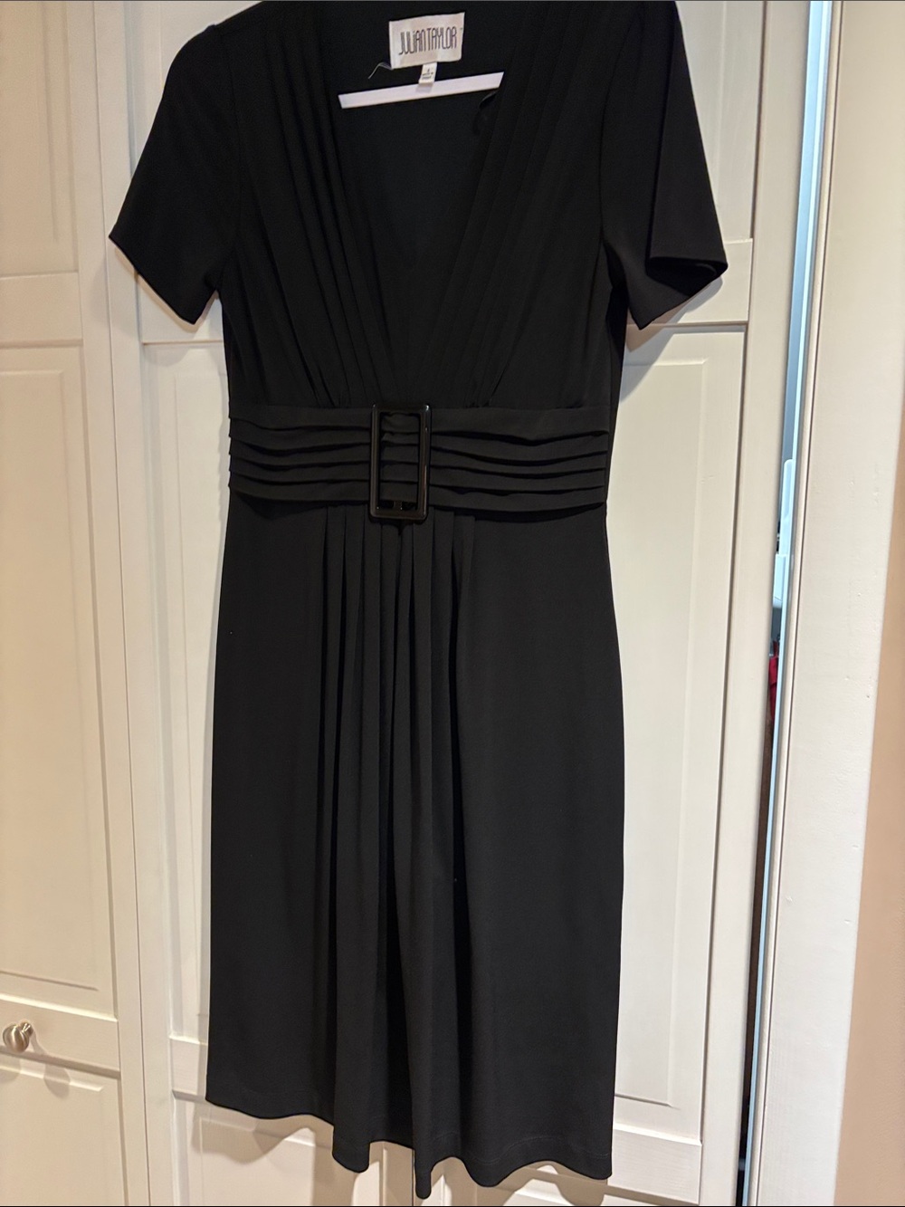 Julian Taylor Black V-Neck Pleated Midi Dress with Belt